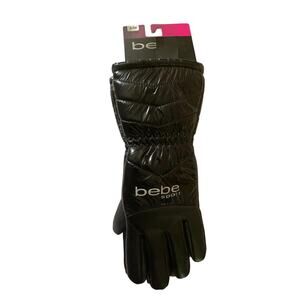 Bebe Sport Womens S/M Fuzzy Insulated Winter Gloves Black Glossy Warm Winter NWT